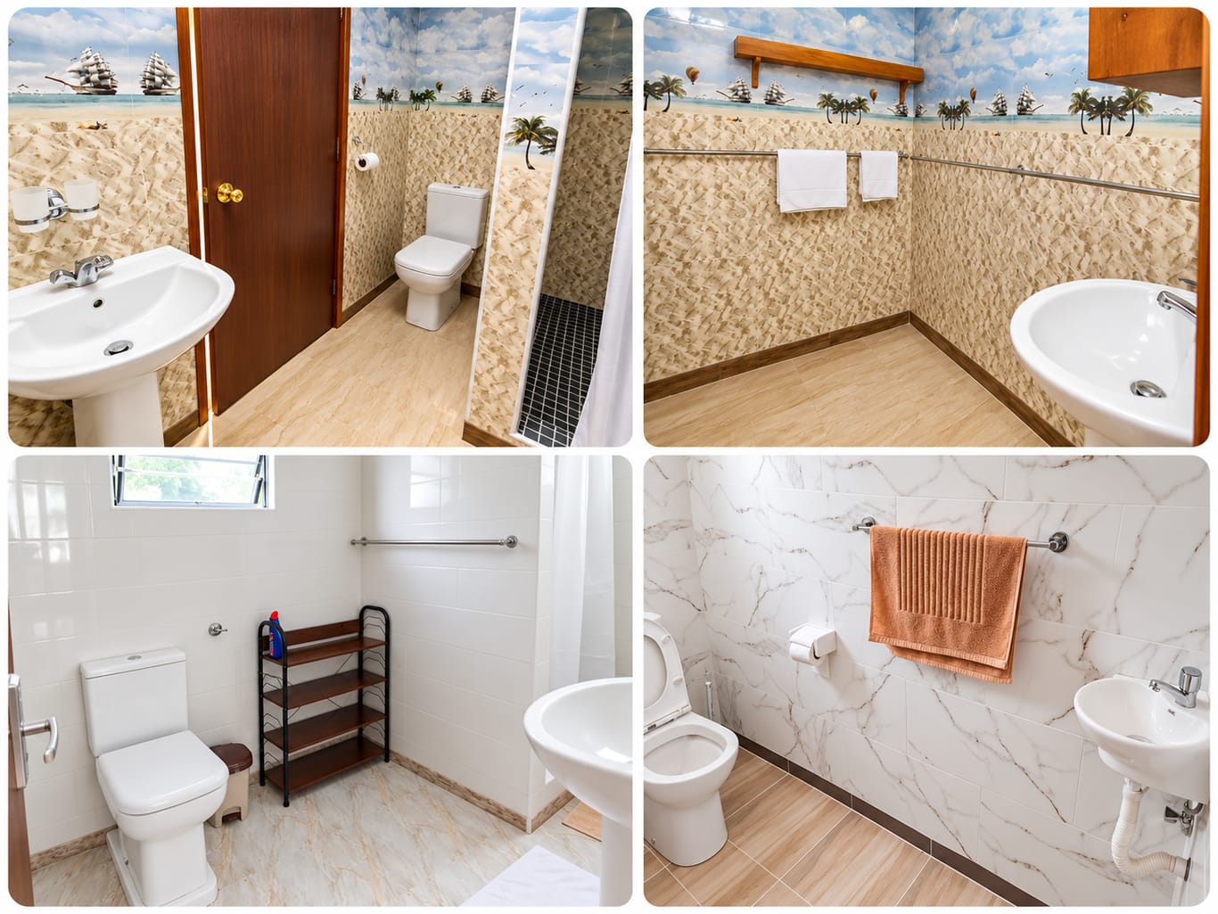 Four bathrooms, each with a toilet and washbasin: two with sand-coloured tiles and a seaside mural, one in white tiles and one in marble-effect tiles.