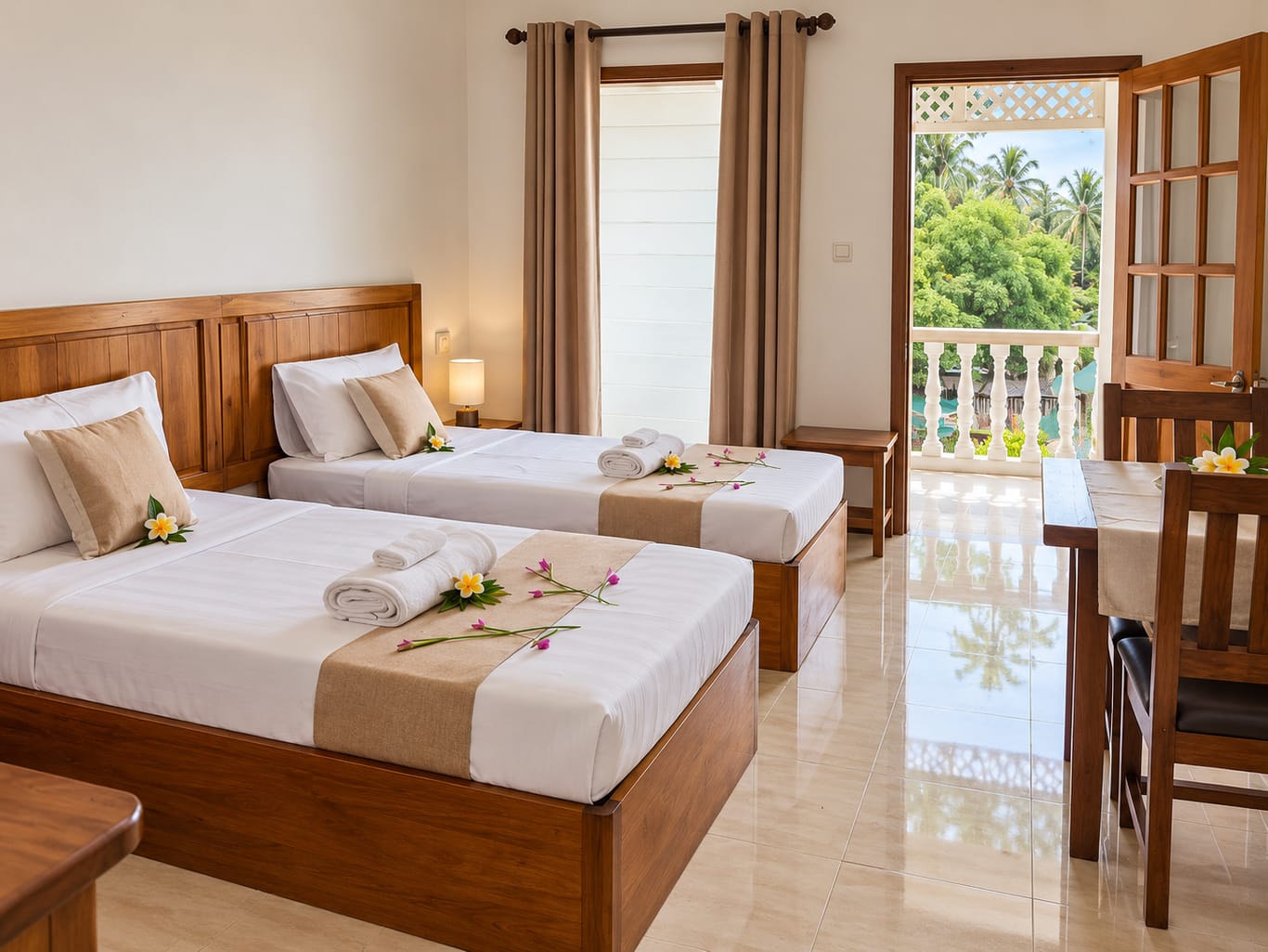 The Double Room with Double Bed: two single beds in wooden frames with white linen and rolled towels, a small dining table, and an open door to a balcony with a white balustrade and palms beyond.