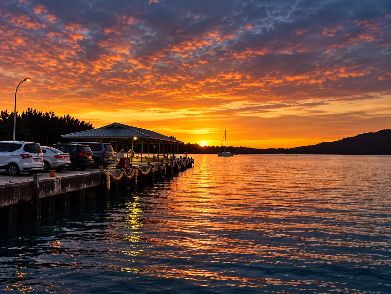 Sunset over the harbour jetty, with a covered shelter and parked cars on the quay and a yacht anchored in the bay.